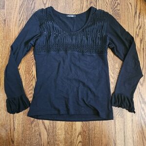 fitted tee top ruched sequin peplum Y2k vintage sz Small Knit black long sleeve